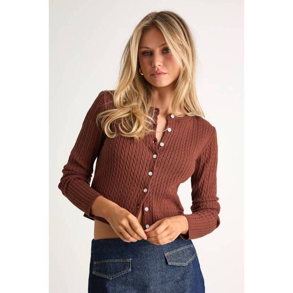 Lulus Marylu Brown Cable Knit Cardigan Sweater Top - Size M